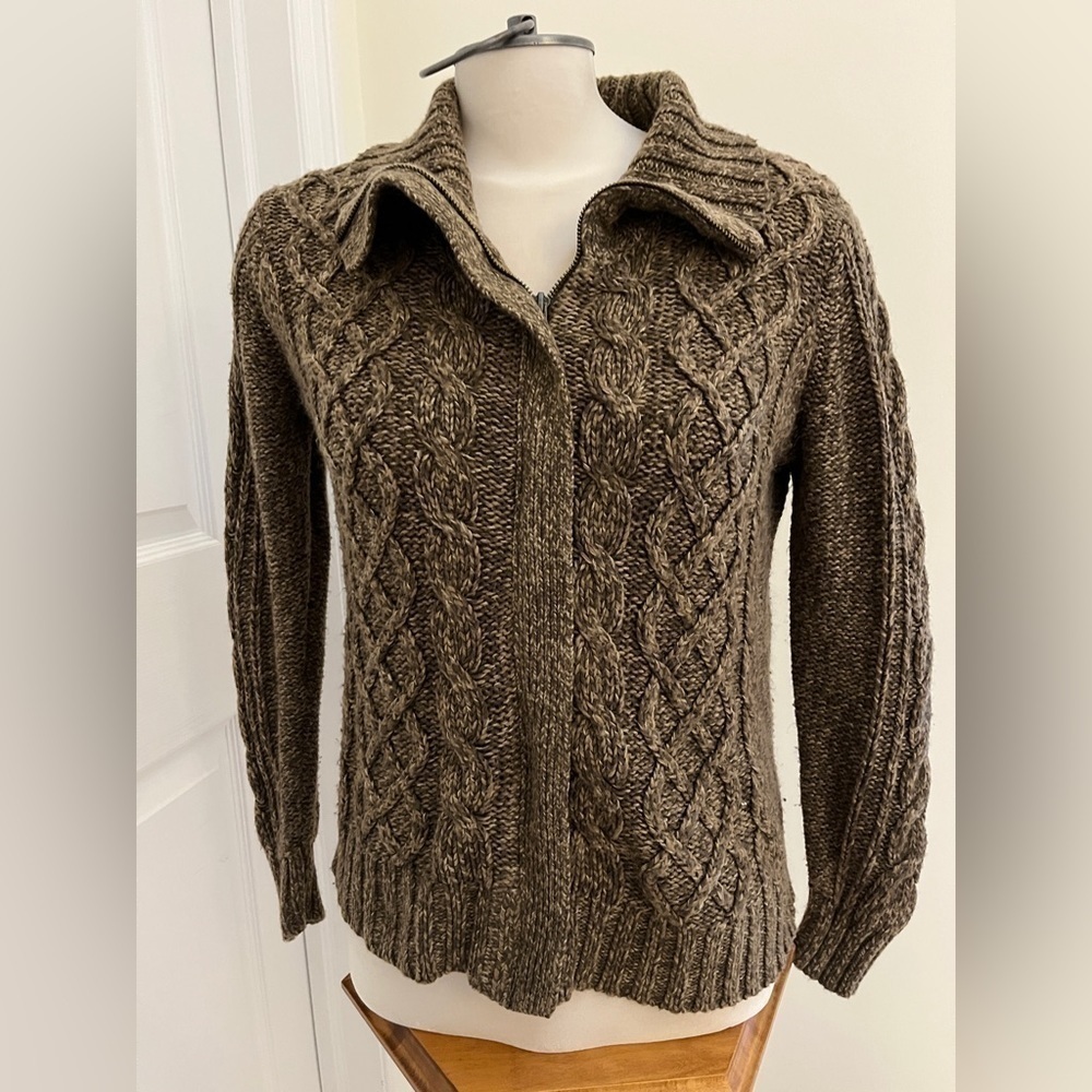 St Johns Bay Brown Petite PL cable knit zip up jacket with cowl neckline